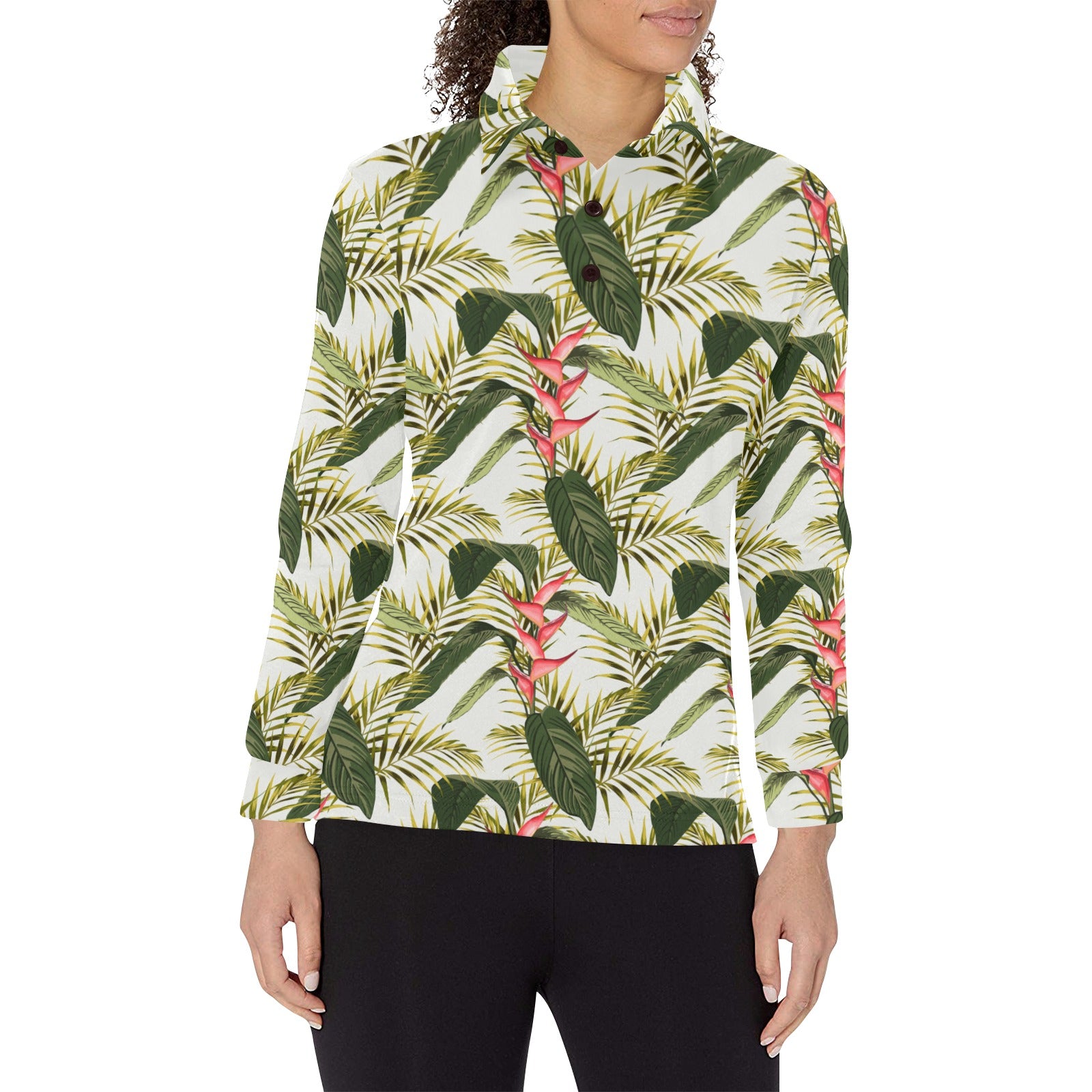 heliconia pattern Women’s Long Sleeve Polo Shirt