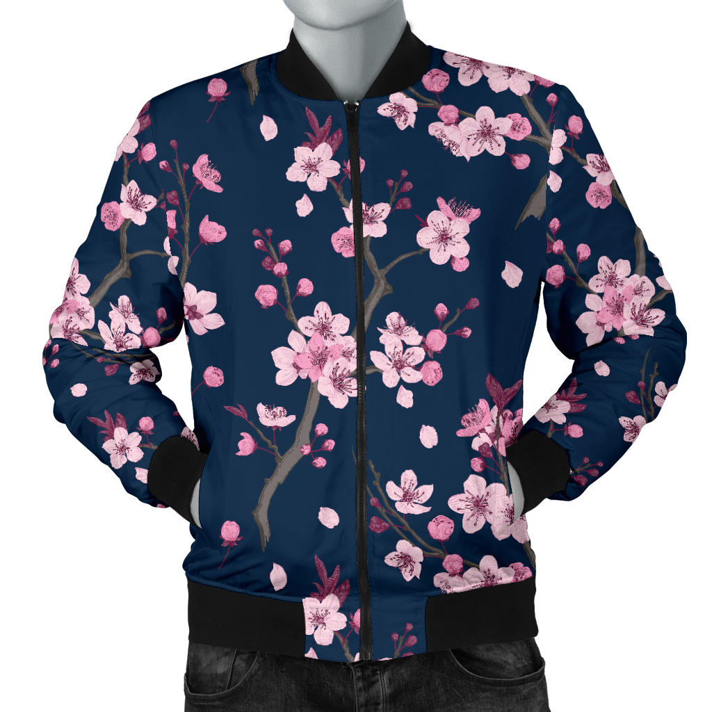 Pink Sakura Cherry Blossom Blue Background Men’S Bomber Jacket