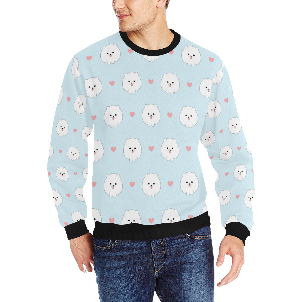 White cute pomeranian pattern Men’s Crew Neck Sweatshirt