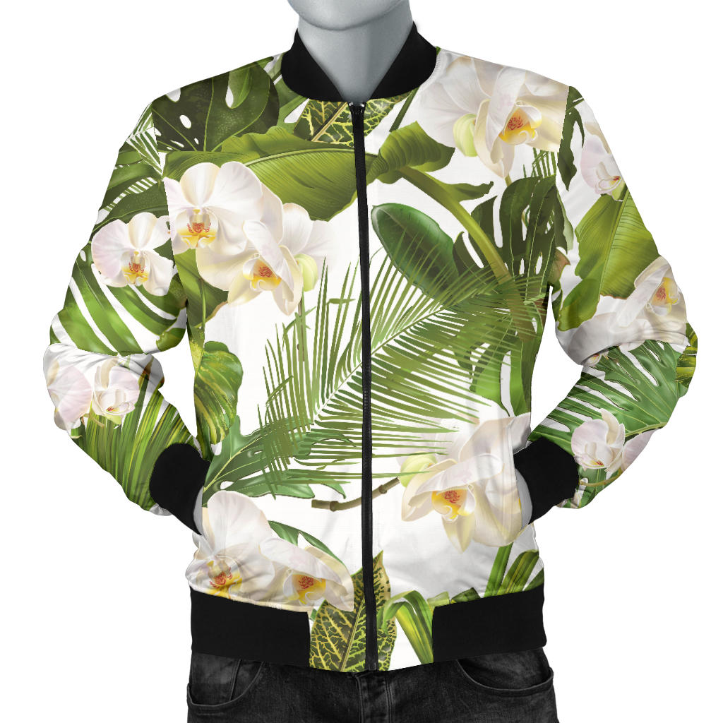 White Orchid Flower Tropical Leaves Pattern Men’S Bomber Jacket