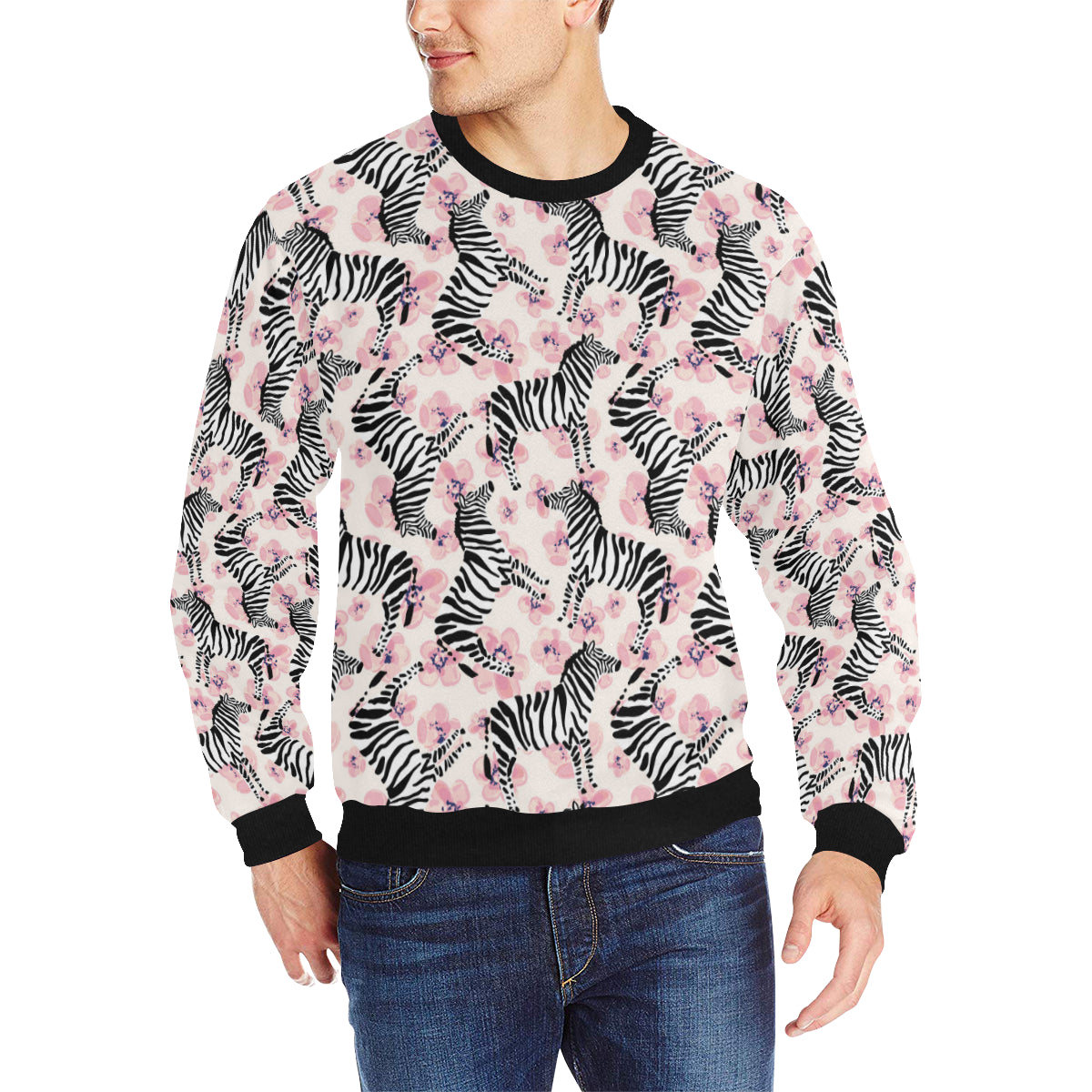 Zebra pink flower background Men’s Crew Neck Sweatshirt